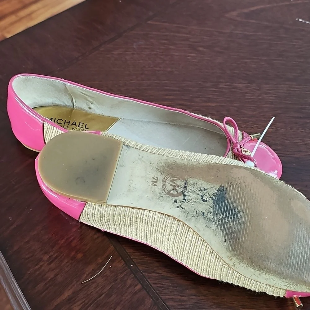 Michael Kors Jordana Pink & Straw Ballet Flats Patent MK Logo Sz 7M